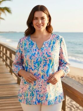 LUYAA XXL Pink Blue Green Summer Print Tunic Top NWT
